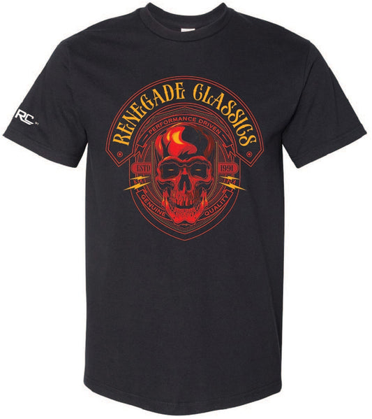 Black Renegade Classics T-shirt with a red skull print on the front and small prints on the sleeves.