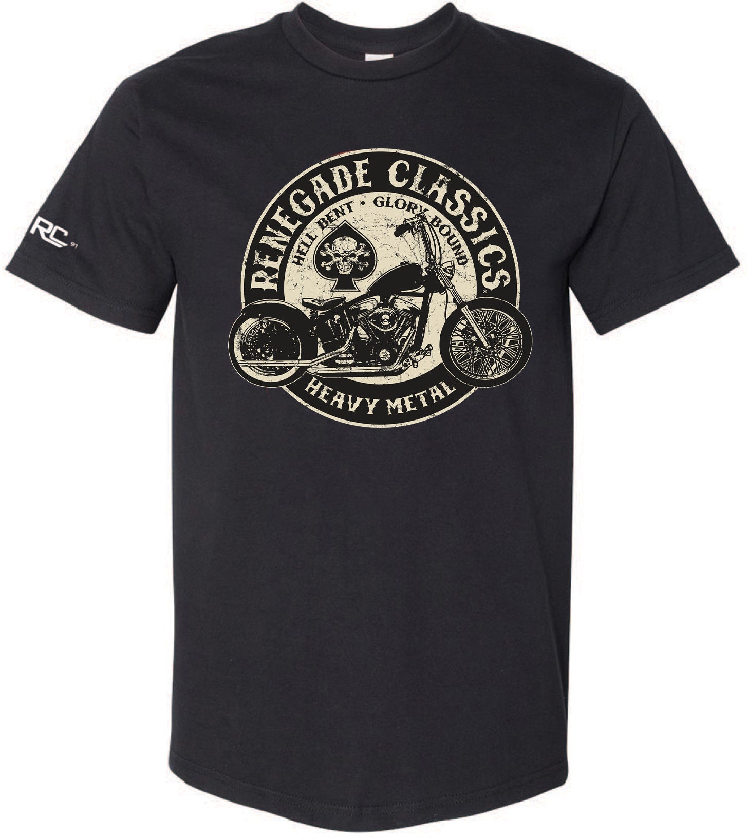 Black Renegade Classics Glory Bike T-shirt with a graphic print of a motorcycle and the brand name around it.