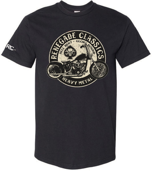 Black Renegade Classics Glory Bike T-shirt with a graphic print of a motorcycle and the brand name around it.