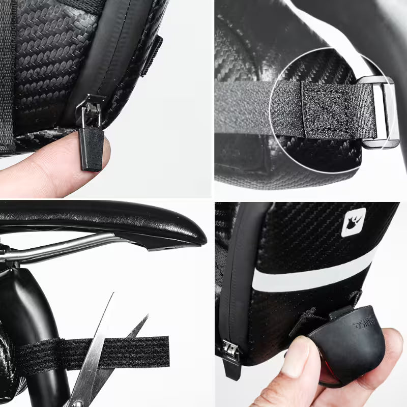 Collage of close-up images showing a black strap being adjusted on a bicycle saddle bag.