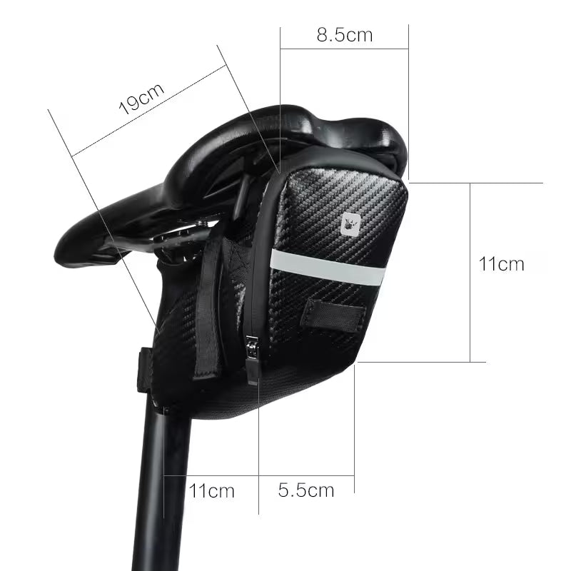 Black bicycle saddle with measurements on a white background