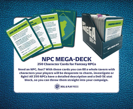 NPC Mega-Deck packaging with character cards on a blue textured background