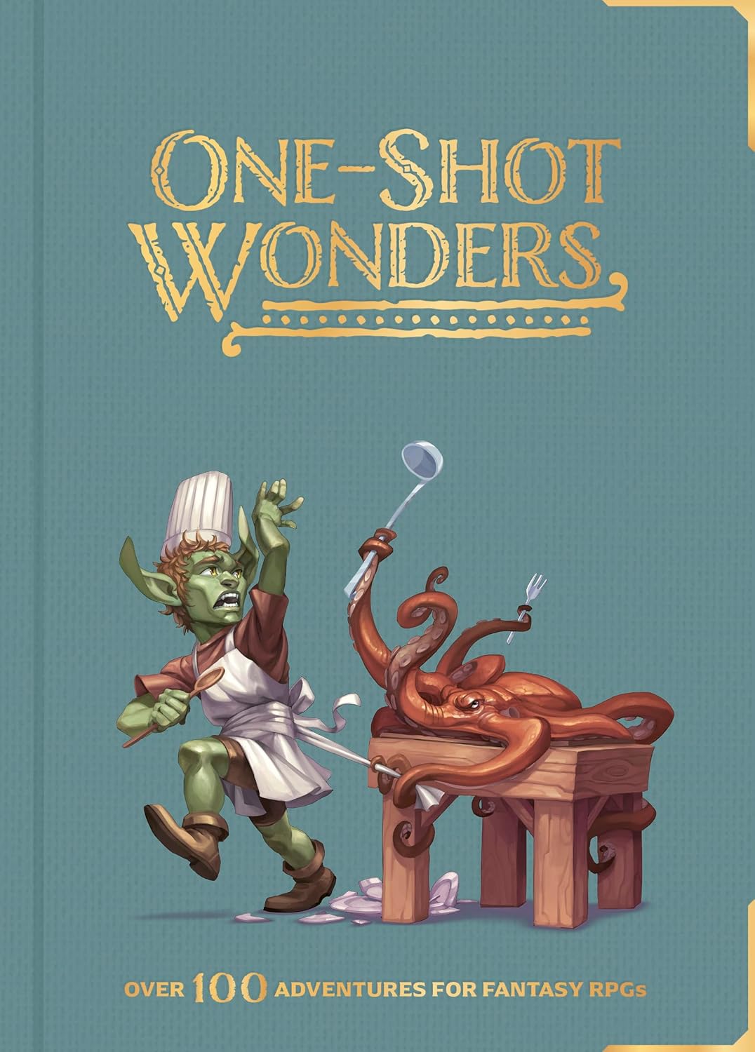 Book cover of 'One-Shot Wonders' with a goblin chef and octopus illustration on a teal background.