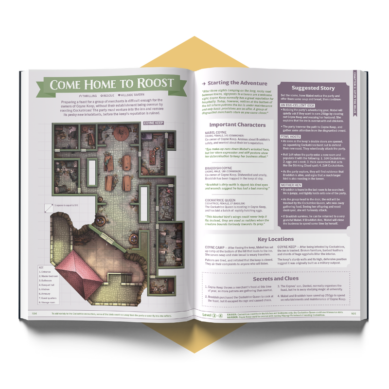 Open book with game design layout and text on a white background