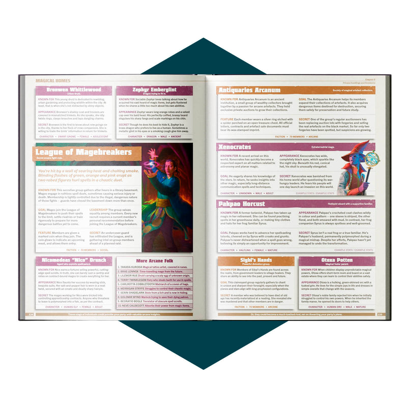 Open book with colorful text and images on a white background