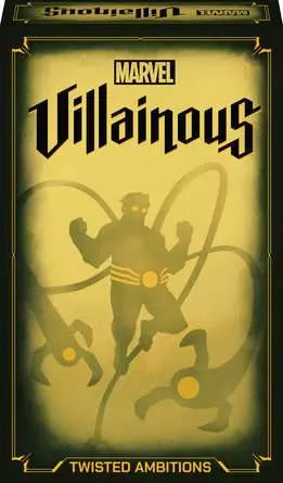 Marvel Villainous game box with superhero silhouette and 'Twisted Ambitions' text on a dark background