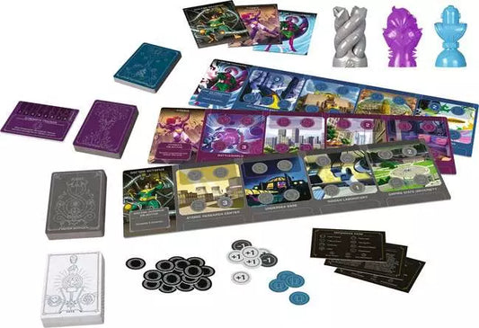 Collection of board game components including cards, tokens, and dice on a white background