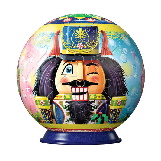 Colorful spherical puzzle with a nutcracker design on a white background