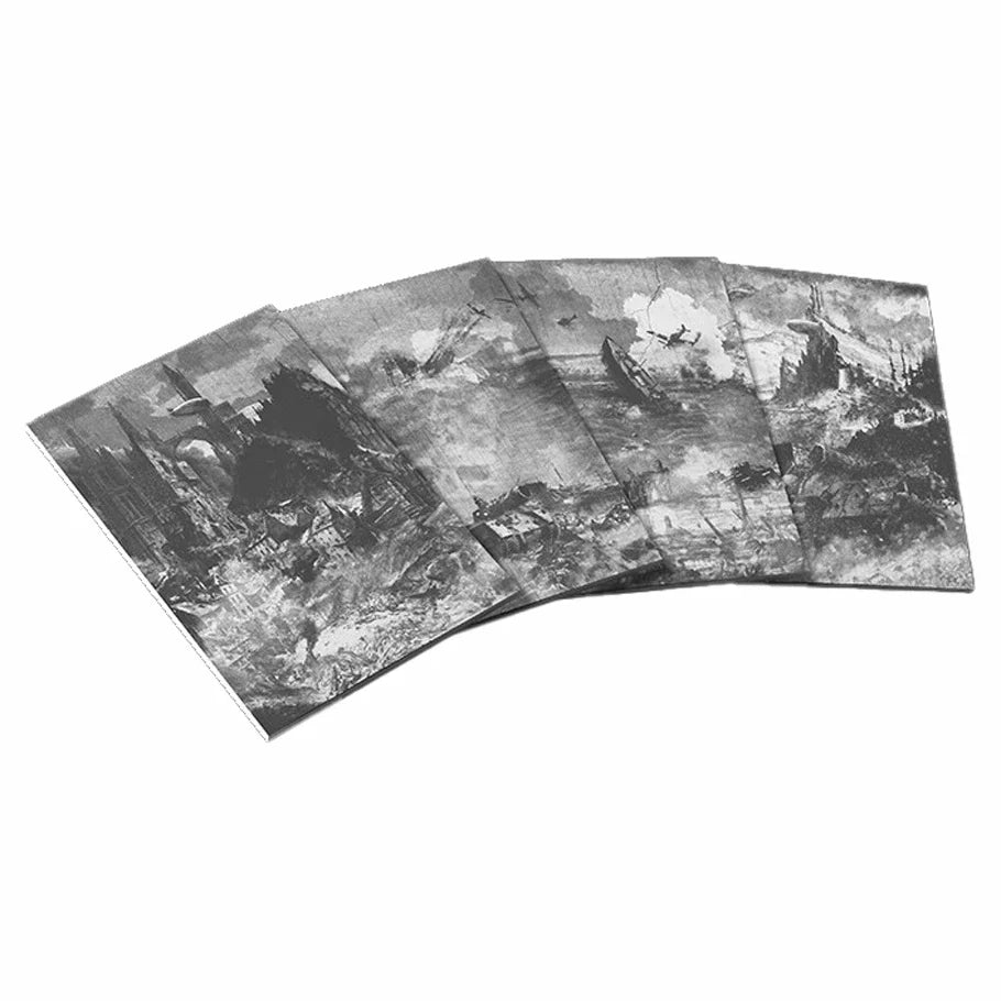 Set of six black and white cards with artistic designs on a white background