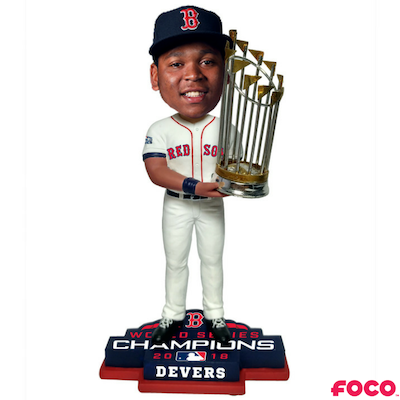 Bobblehead of a red sox baseball player holding a trophy with 'FOCO' branding on a white background