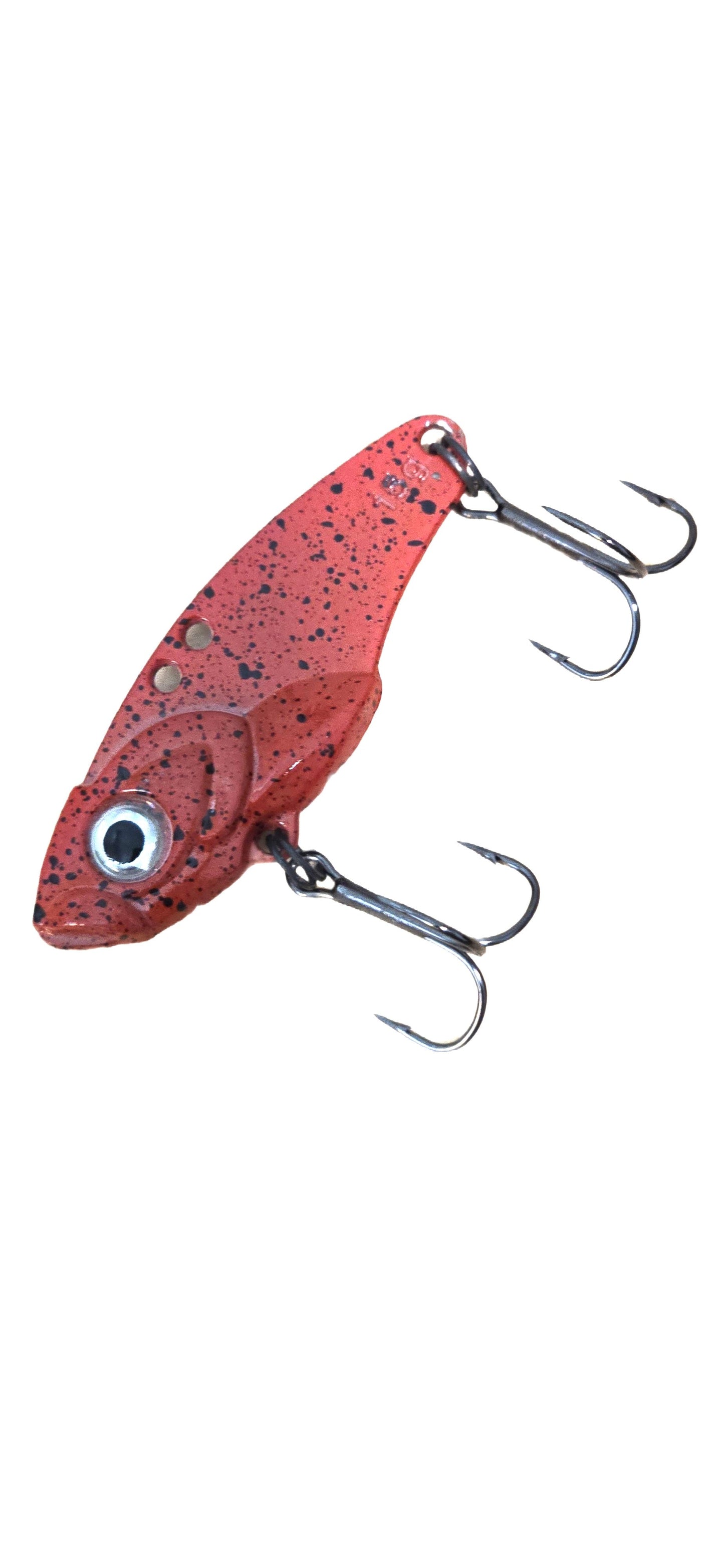 Red fishing lure with three hooks on a white background