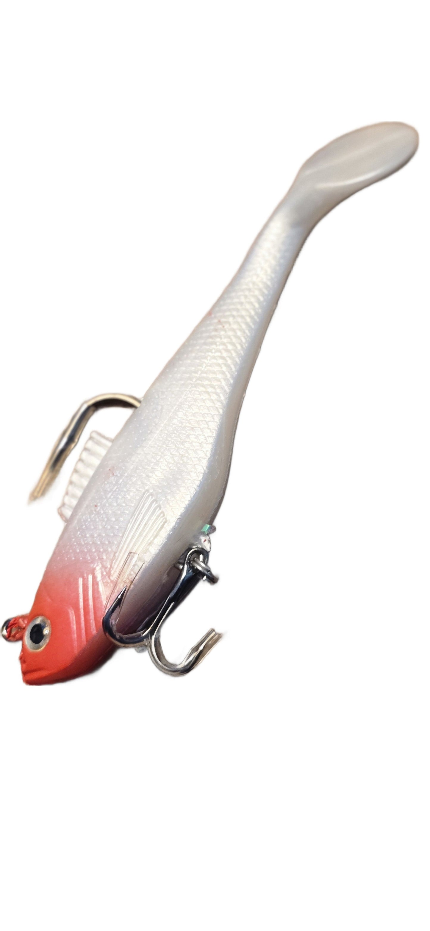 Fishing lure with a gradient color pattern on a white background