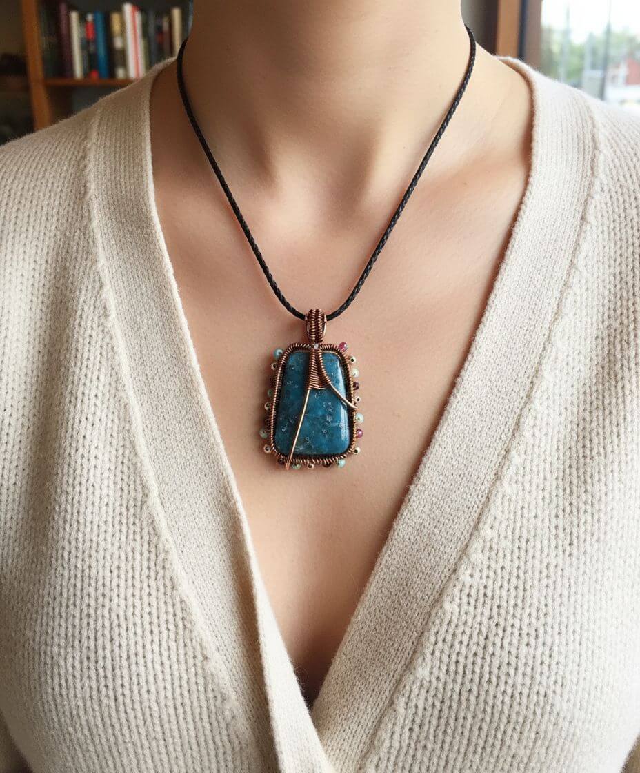 Mannequin wearing a beige sweater with a blue pendant necklace.