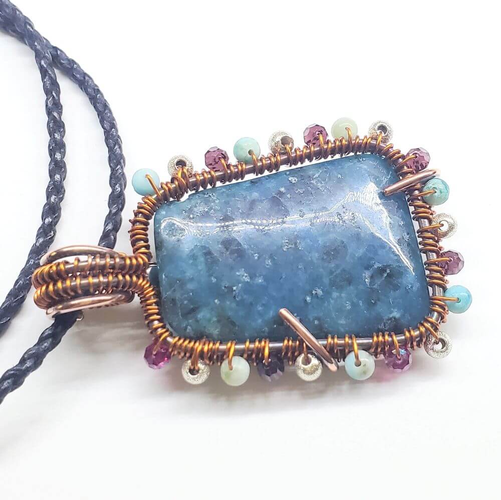 Reversible Copper Wire Wrapped Dancing Ballerina Teal Dyed Kiwi Stone Pendant Necklace