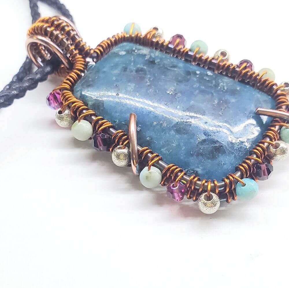 Reversible Copper Wire Wrapped Dancing Ballerina Teal Dyed Kiwi Stone Pendant Necklace