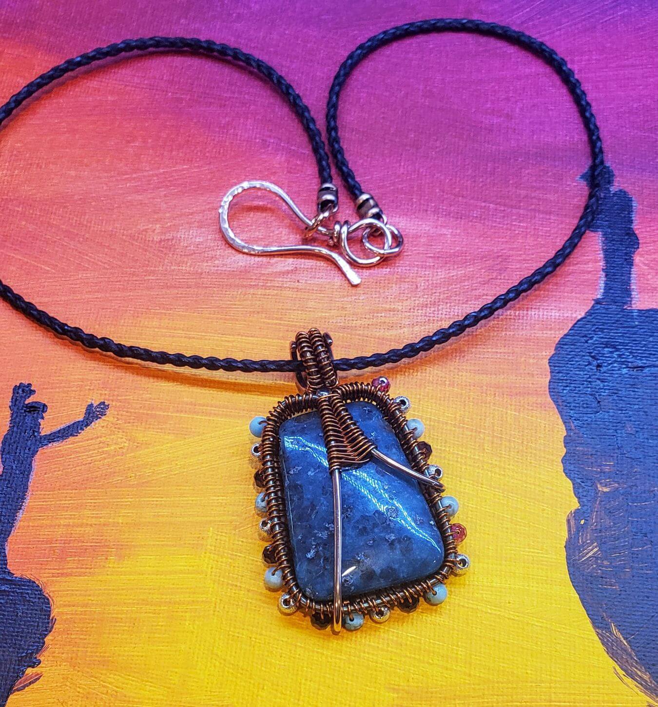 Reversible Copper Wire Wrapped Dancing Ballerina Teal Dyed Kiwi Stone Pendant Necklace