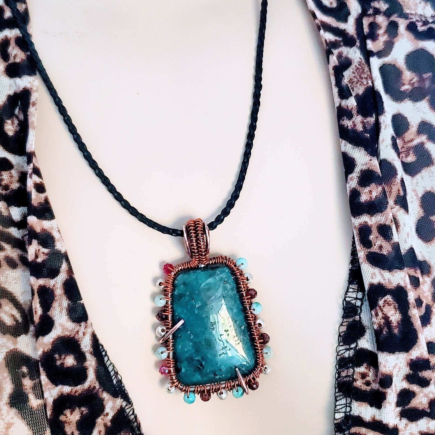 Reversible Copper Wire Wrapped Dancing Ballerina Teal Dyed Kiwi Stone Pendant Necklace