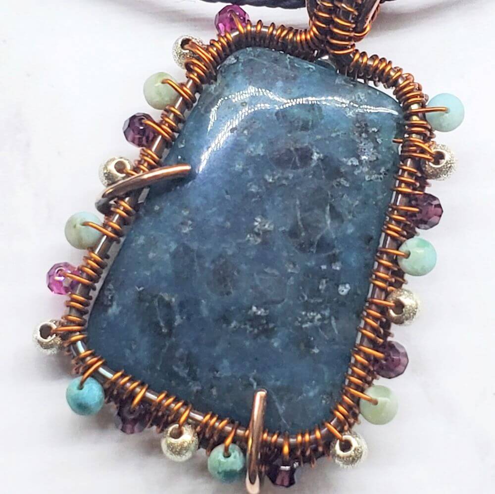 Reversible Copper Wire Wrapped Dancing Ballerina Teal Dyed Kiwi Stone Pendant Necklace