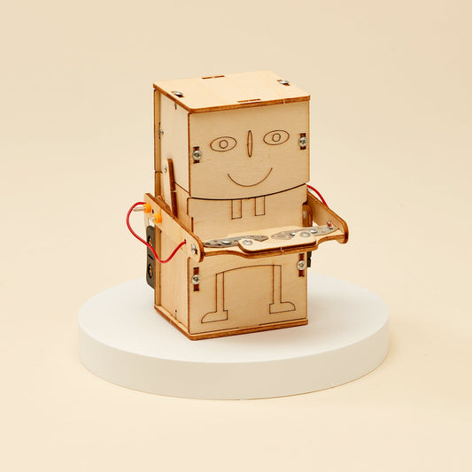 Wooden robot model on a white pedestal with a beige background