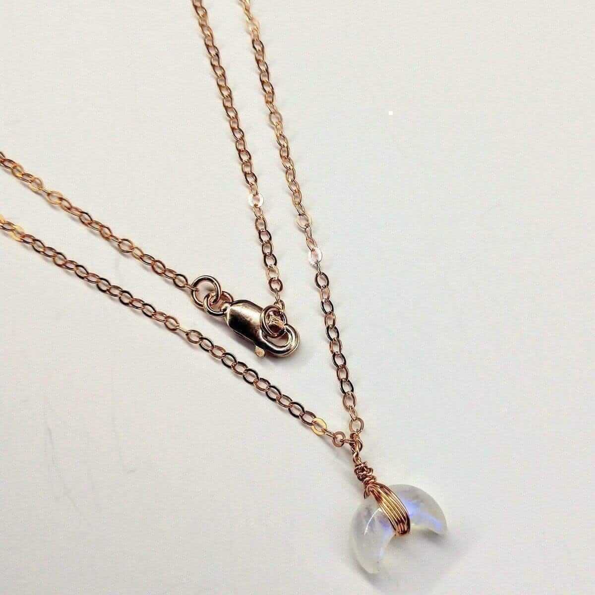 Rose Gold Wire Wrapped Crescent Moonstone Necklace