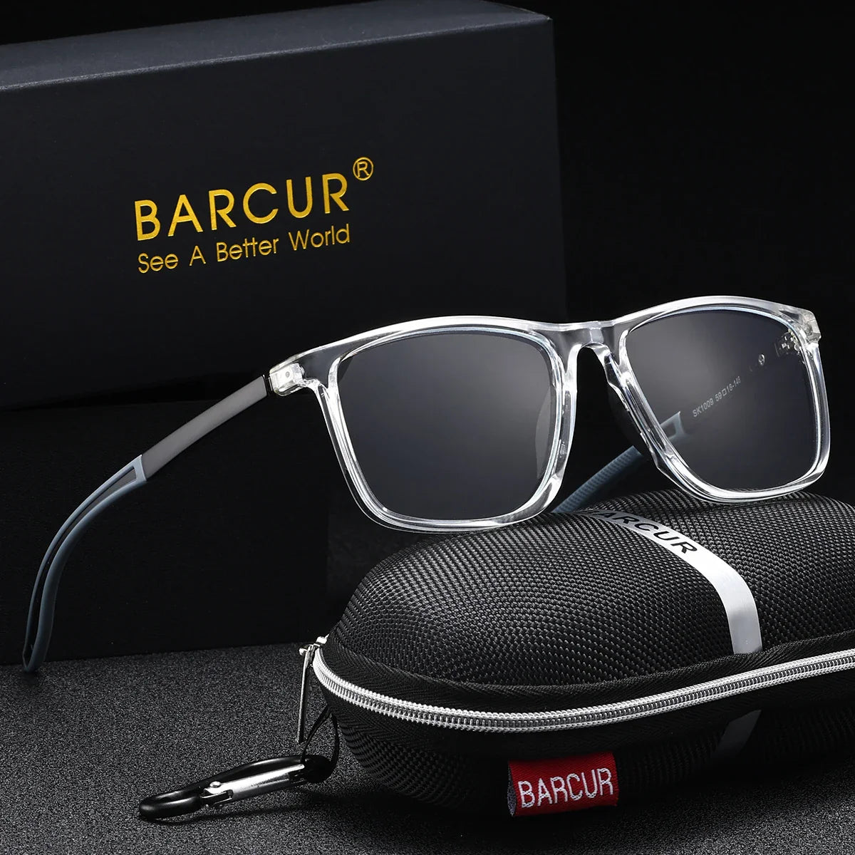 Sunglasses with clear frame and dark lenses on a black case, with BARCUR branding.