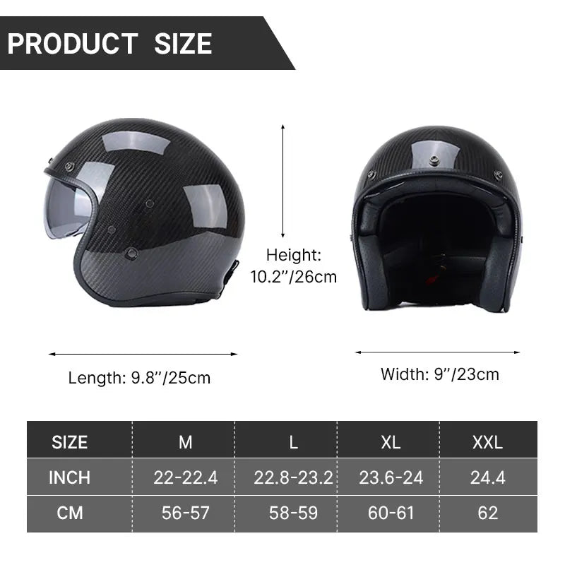 Motorcycle helmet with size chart showing dimensions and measurements.