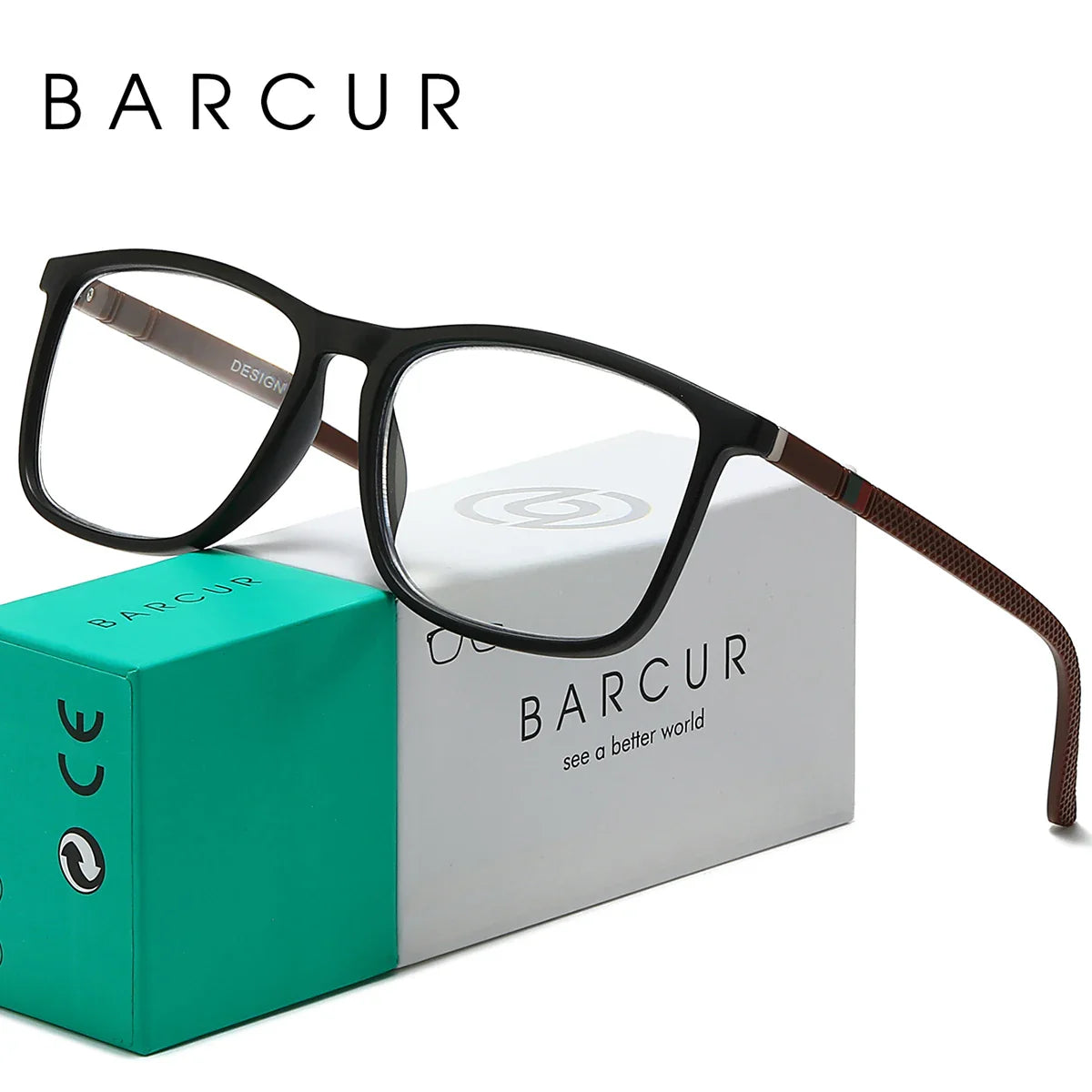 Black eyeglasses with brown accents on a BARCUR branded box