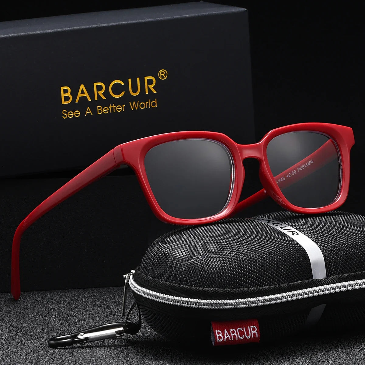 Red sunglasses with a black case and BARCUR branding on a dark background