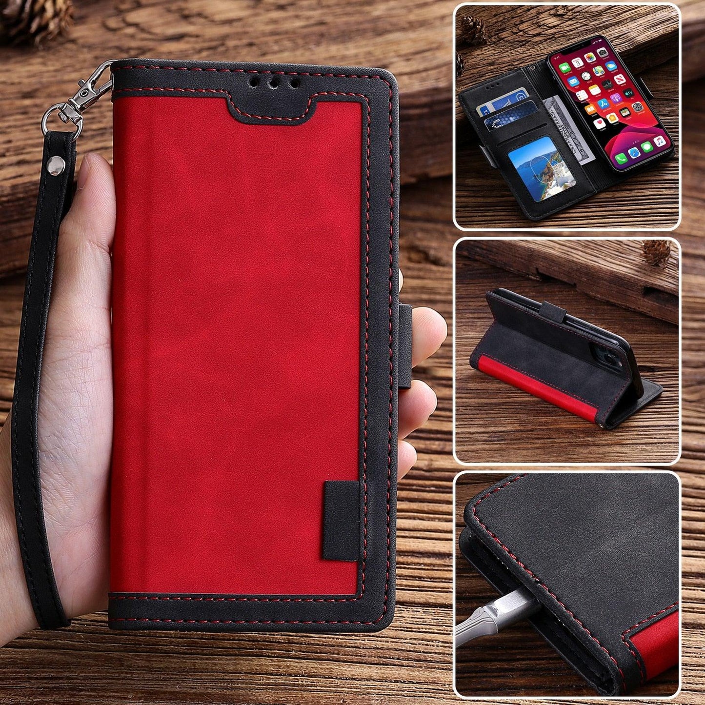 Red and black phone case with multiple views on a wooden surface