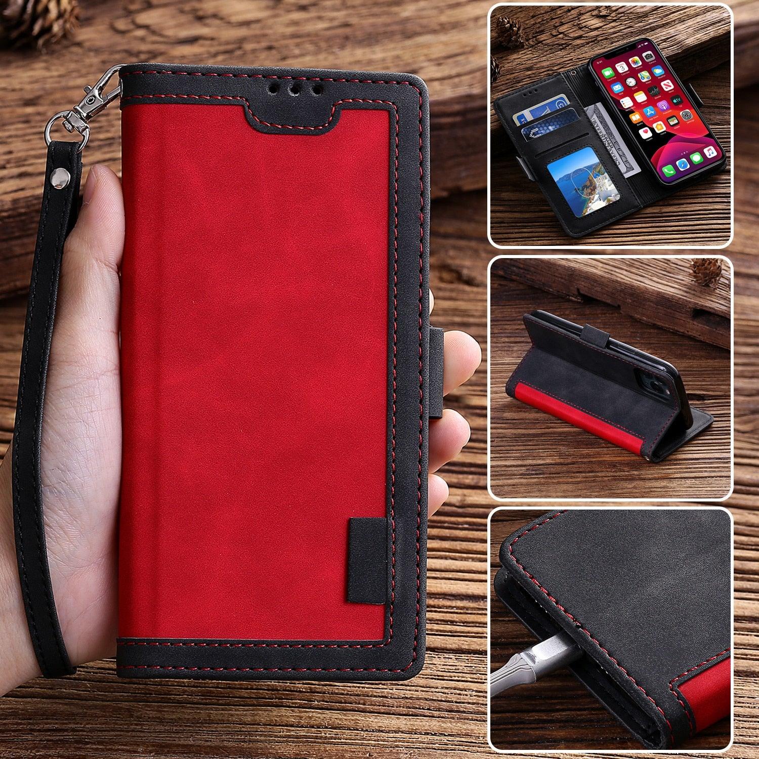 Red and black phone case with multiple views on a wooden surface