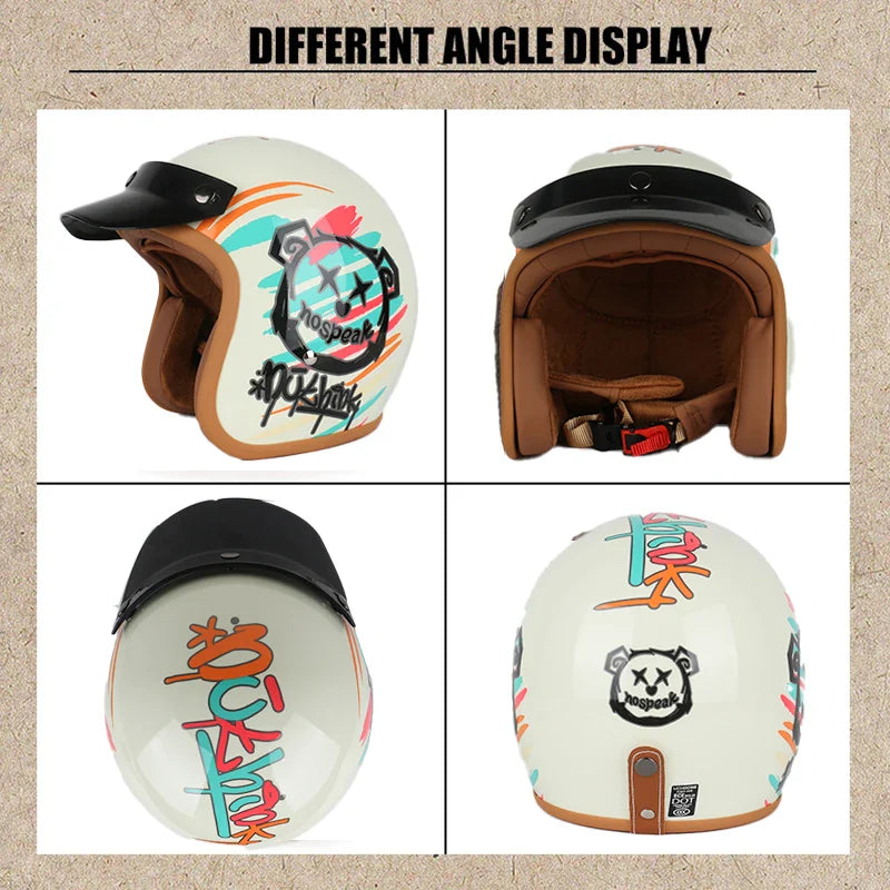 Motorcycle helmet with colorful designs and text, displayed from different angles on a beige background.