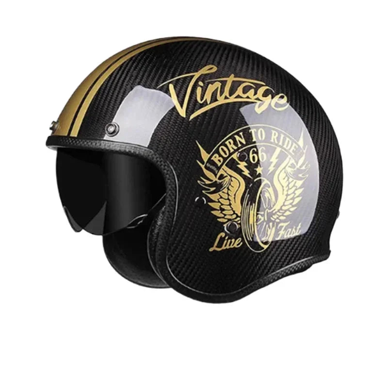 Black and gold vintage-style motorcycle helmet with text and graphics on a white background