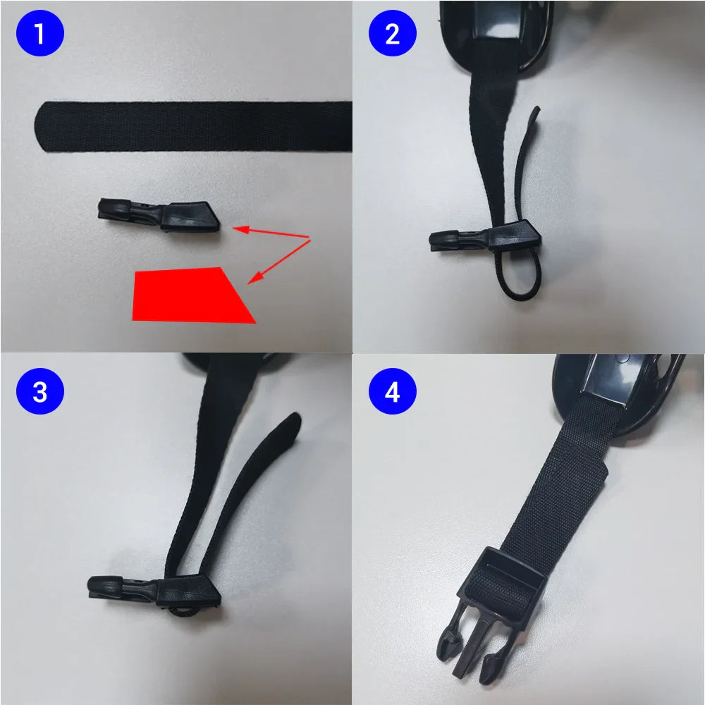 Step-by-step assembly of a black strap with a clip on a light gray background.