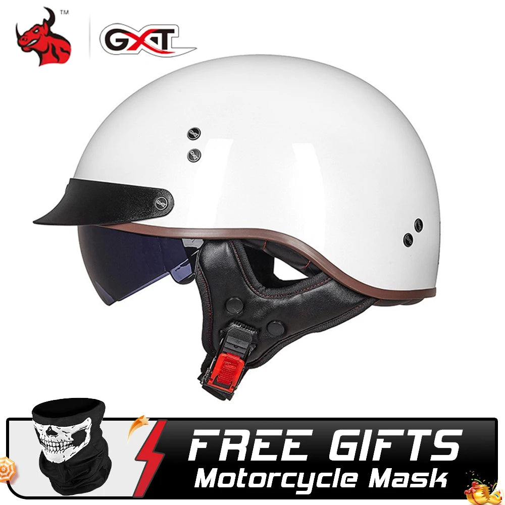 White motorcycle helmet with black visor and chin strap, featuring GXT brand logo on a white background.
