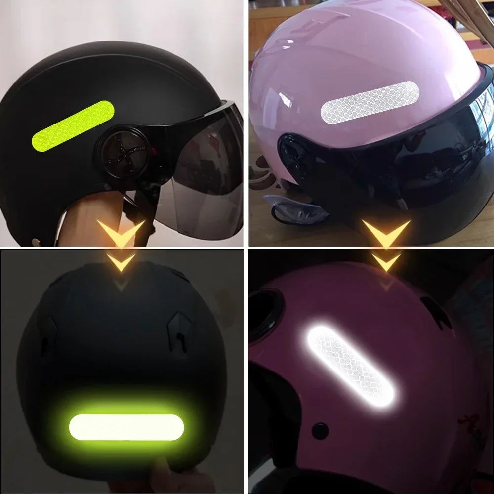 Four views of a helmet with reflective stickers on a dark background