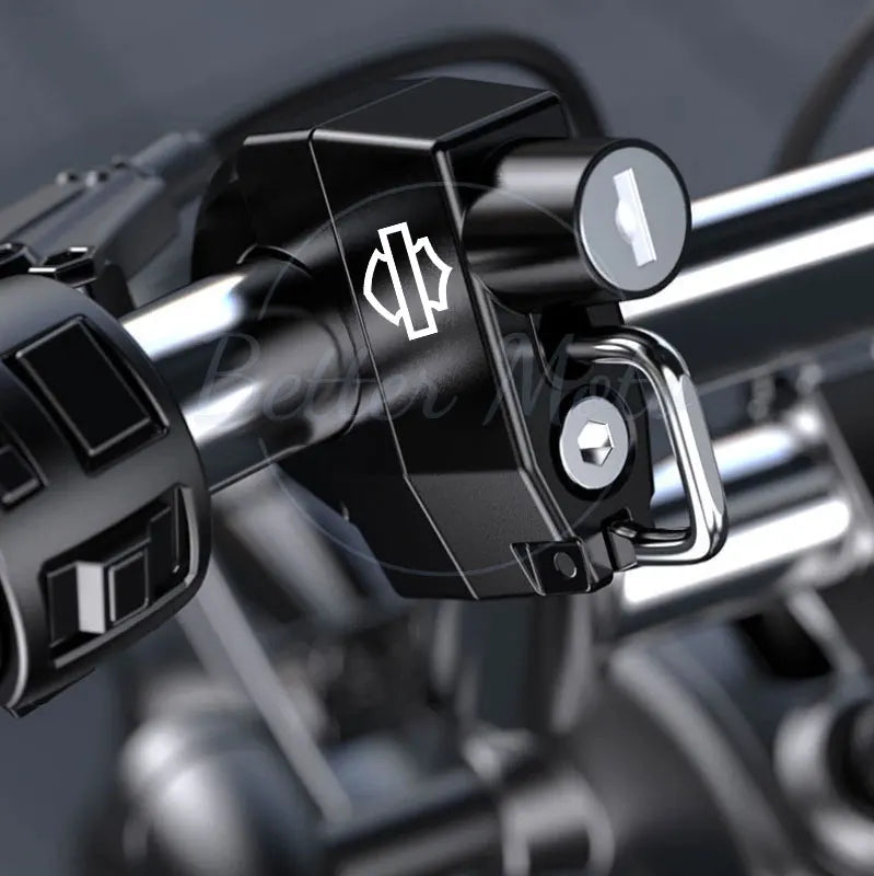 Close-up of motorcycle handlebar controls with brand logo