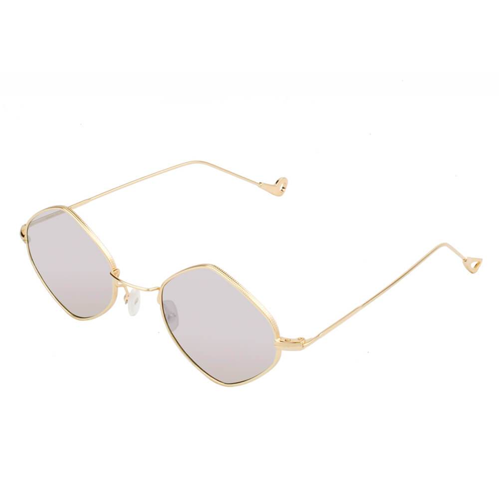 Gold-framed sunglasses with light gray lenses on a white background