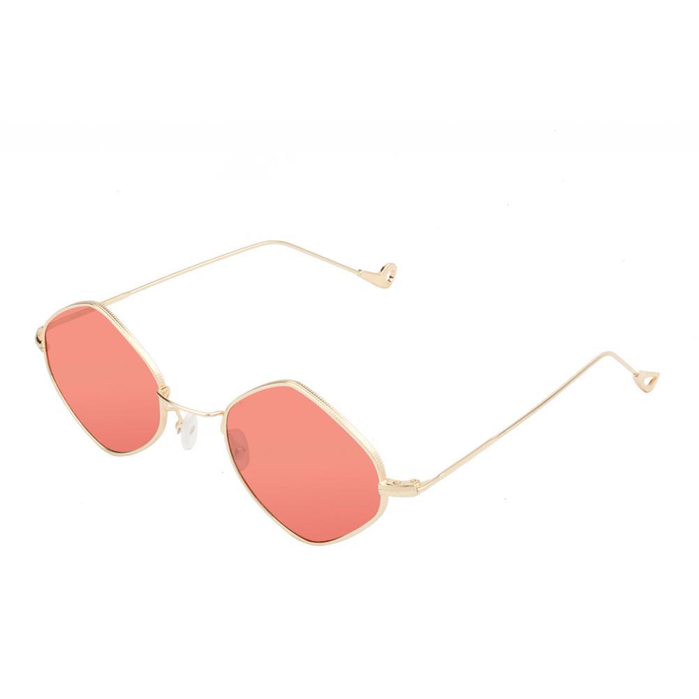 Sunglasses with pink lenses and gold frames on a white background