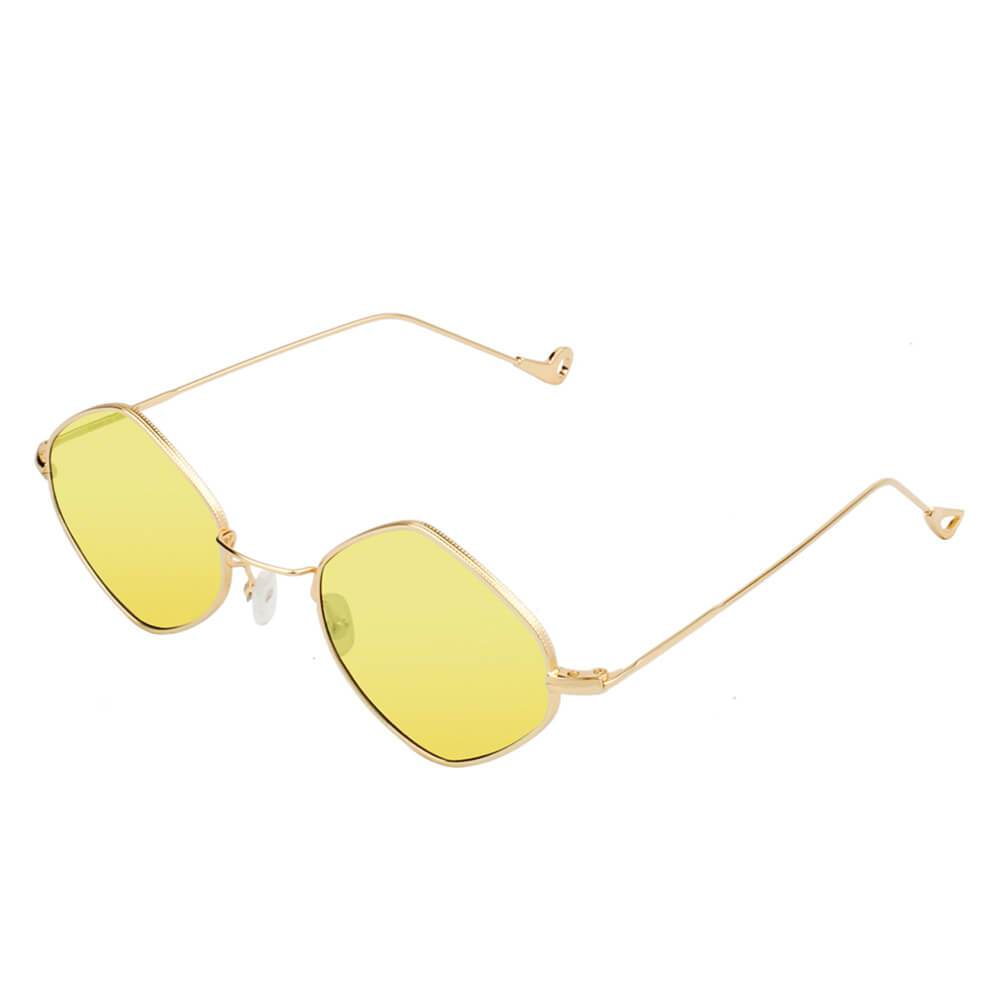 Gold-framed sunglasses with yellow lenses on a white background