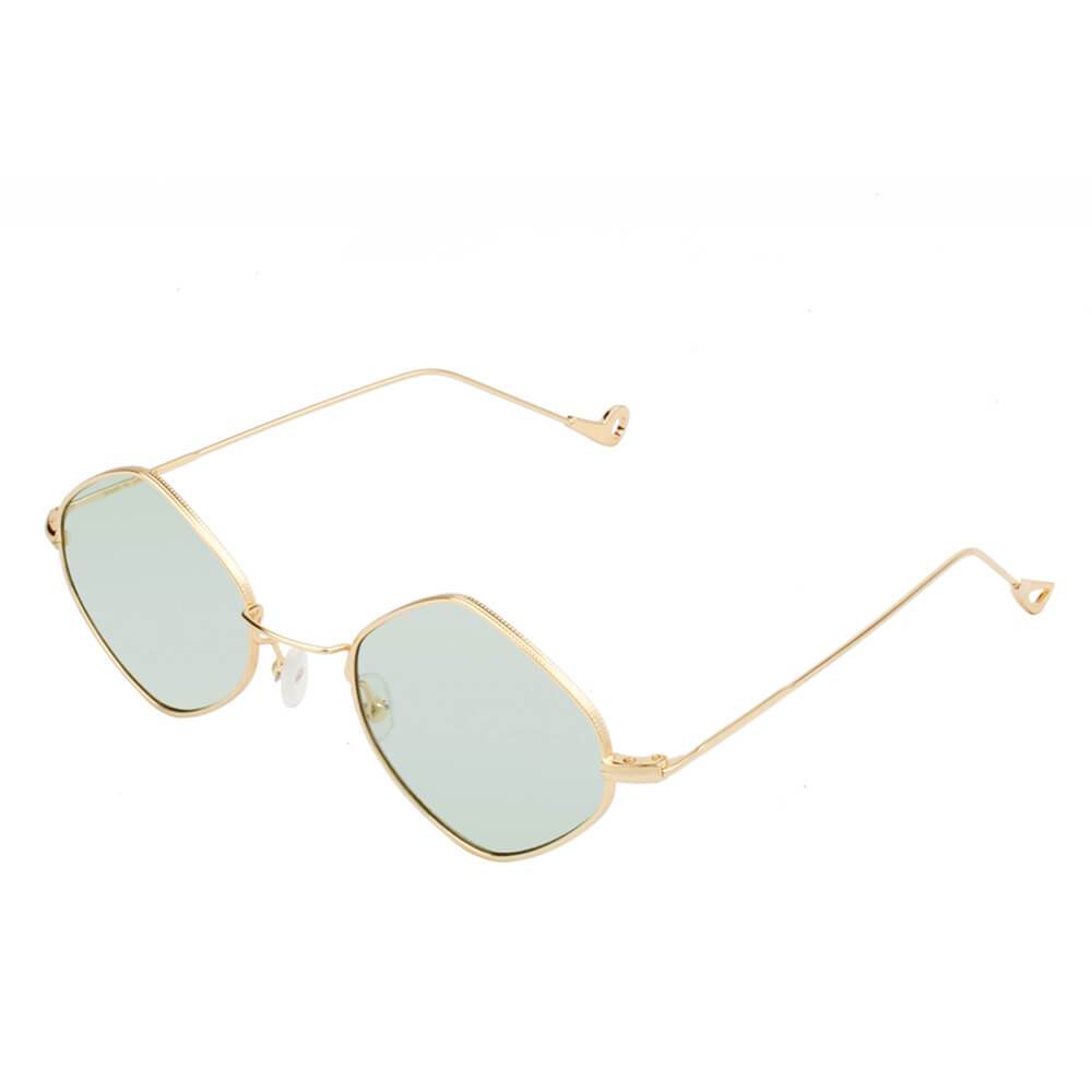 Gold-framed sunglasses with light green lenses on a white background