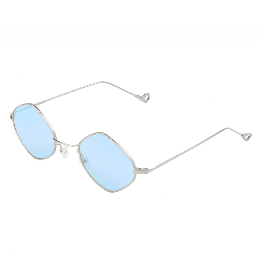 Sunglasses with blue lenses and thin metal frame on a white background
