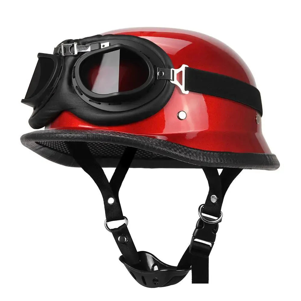 Red helmet with black visor and chin strap on a white background