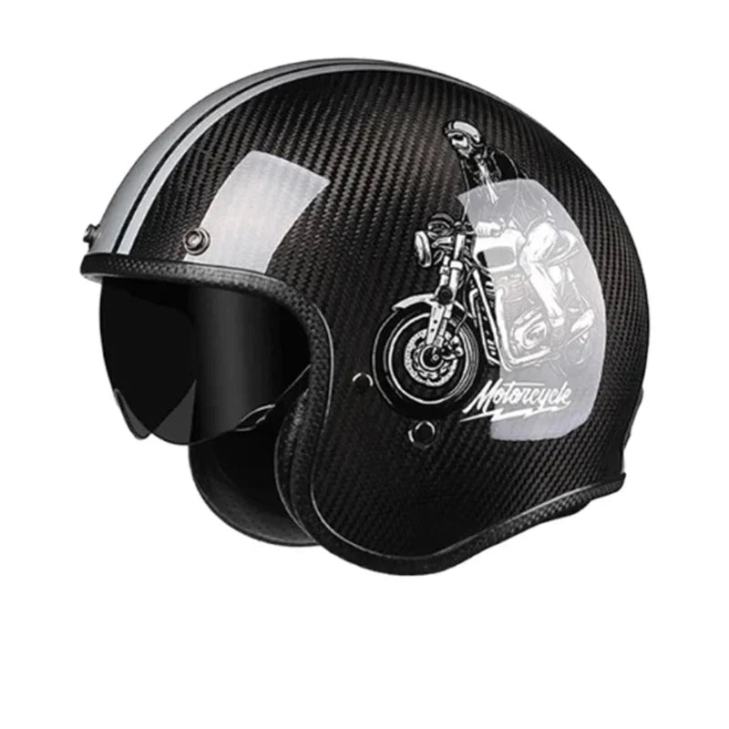 Black motorcycle helmet with a reflective visor and motorcycle design on a white background
