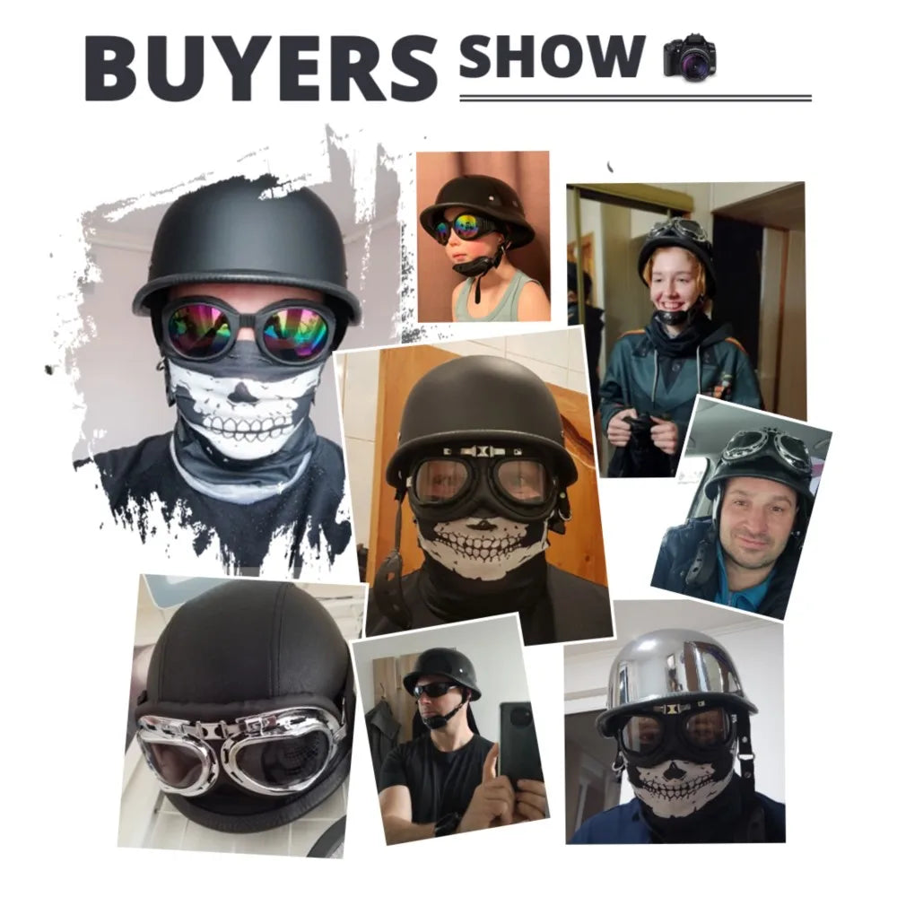 Collage of people wearing helmets and face masks with text 'BUYERS SHOW'.