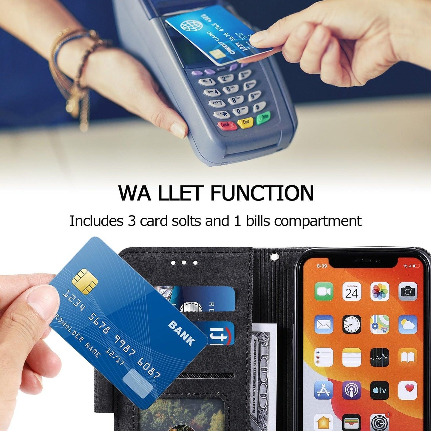 Person using a card reader with a smartphone and wallet in the foreground