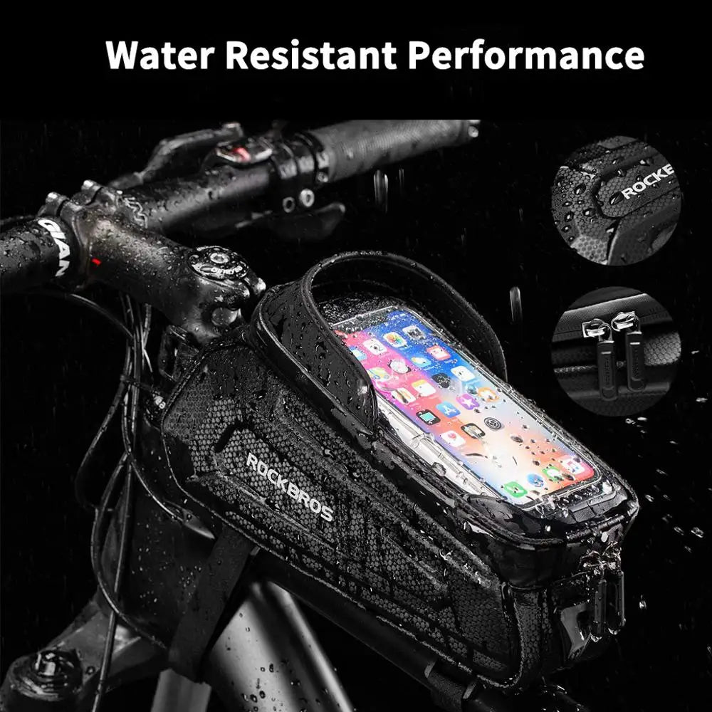 Water-resistant phone case on a bike handlebar with 'RockBros' branding.