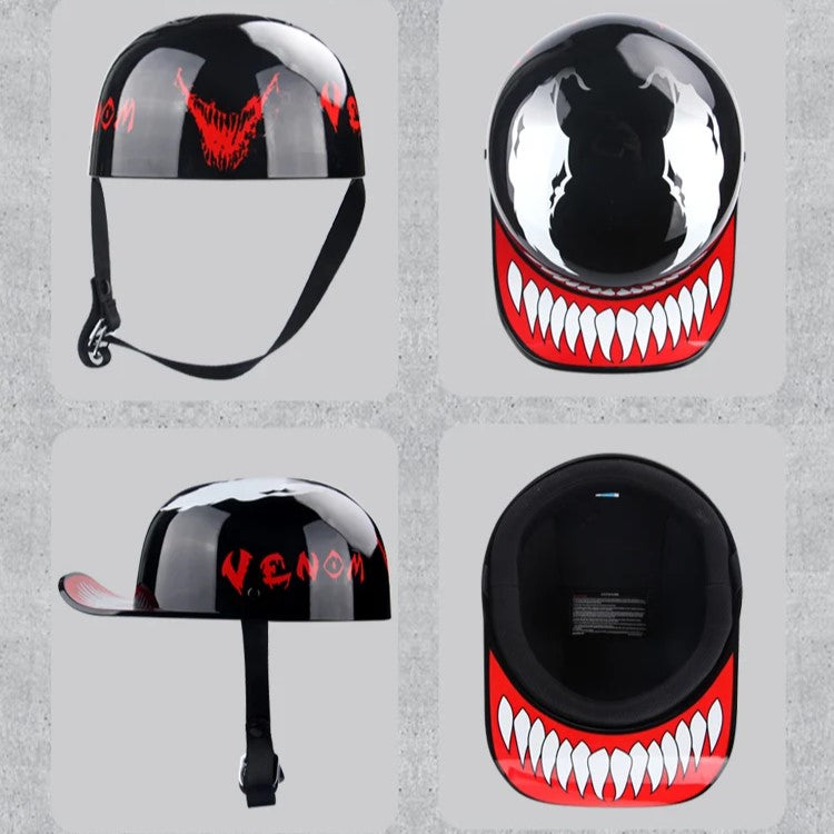 Black helmet with red and white designs on a gray background