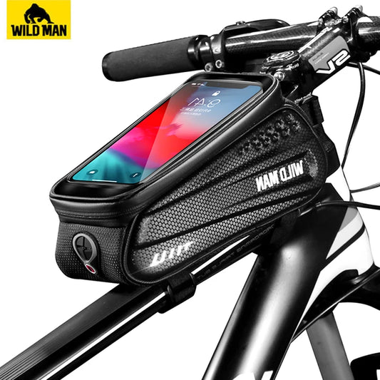 Bicycle handlebar bag with smartphone display and 'WILD MAN' branding.
