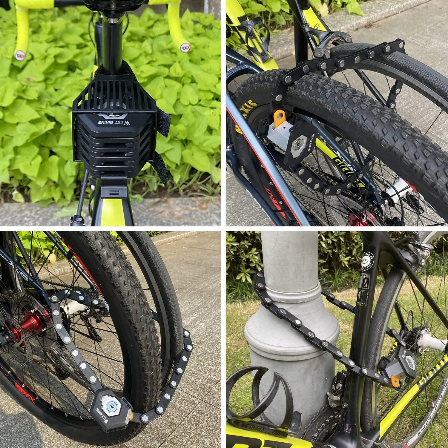 Collage of a bicycle with a chain lock attached, showing different angles and positions.