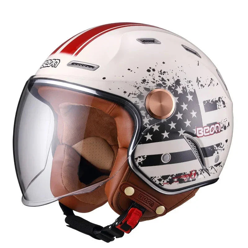White motorcycle helmet with American flag design and brown leather chin strap on a white background
